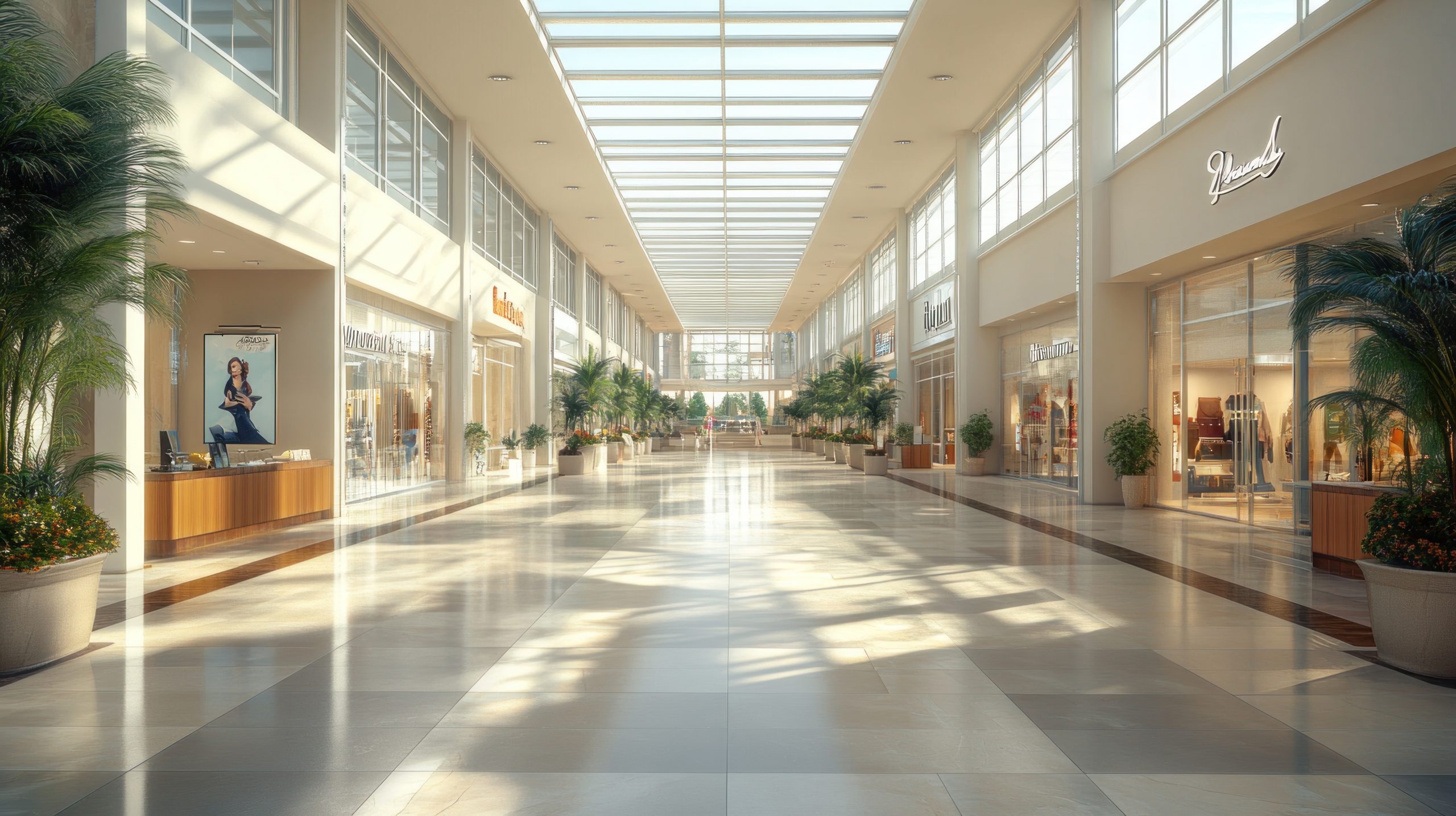 A bright, airy shopping mall corridor with natural light streaming through the skylights.